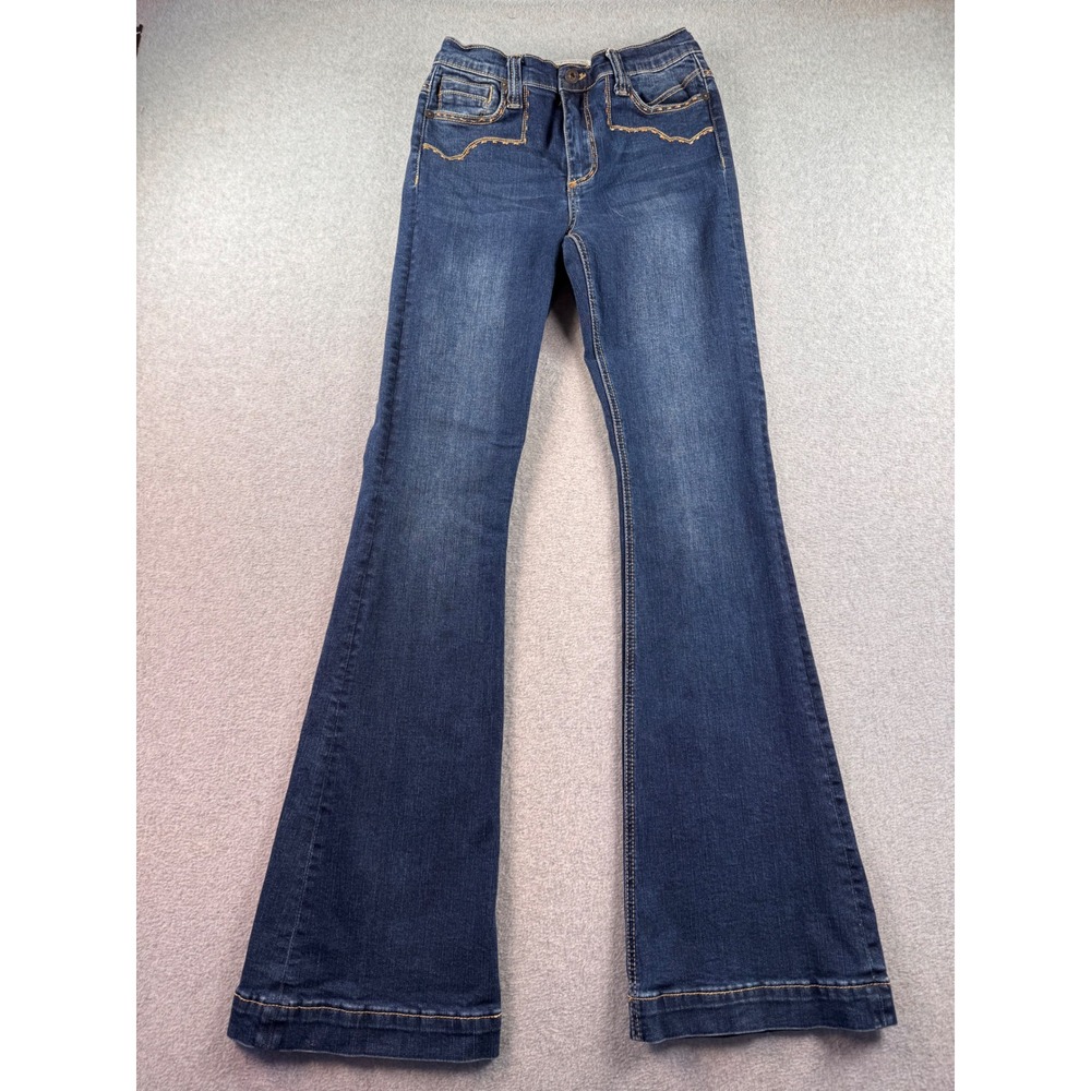 Stetson Womens 921 High Rise Flare Jeans Dark Wash Western Stitching 8 Long